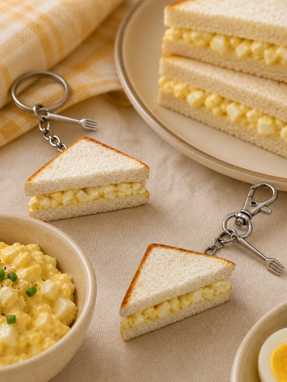 Egg Salad Sandwich Keychain or Bag Clip, Mini Food Charm, Handmade Polymer Clay